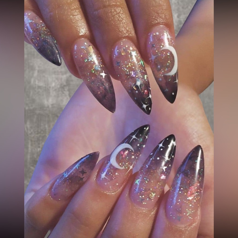 Stars / moon / galaxy Pattern ombré press on Nails, 1sheet glue stickers & file